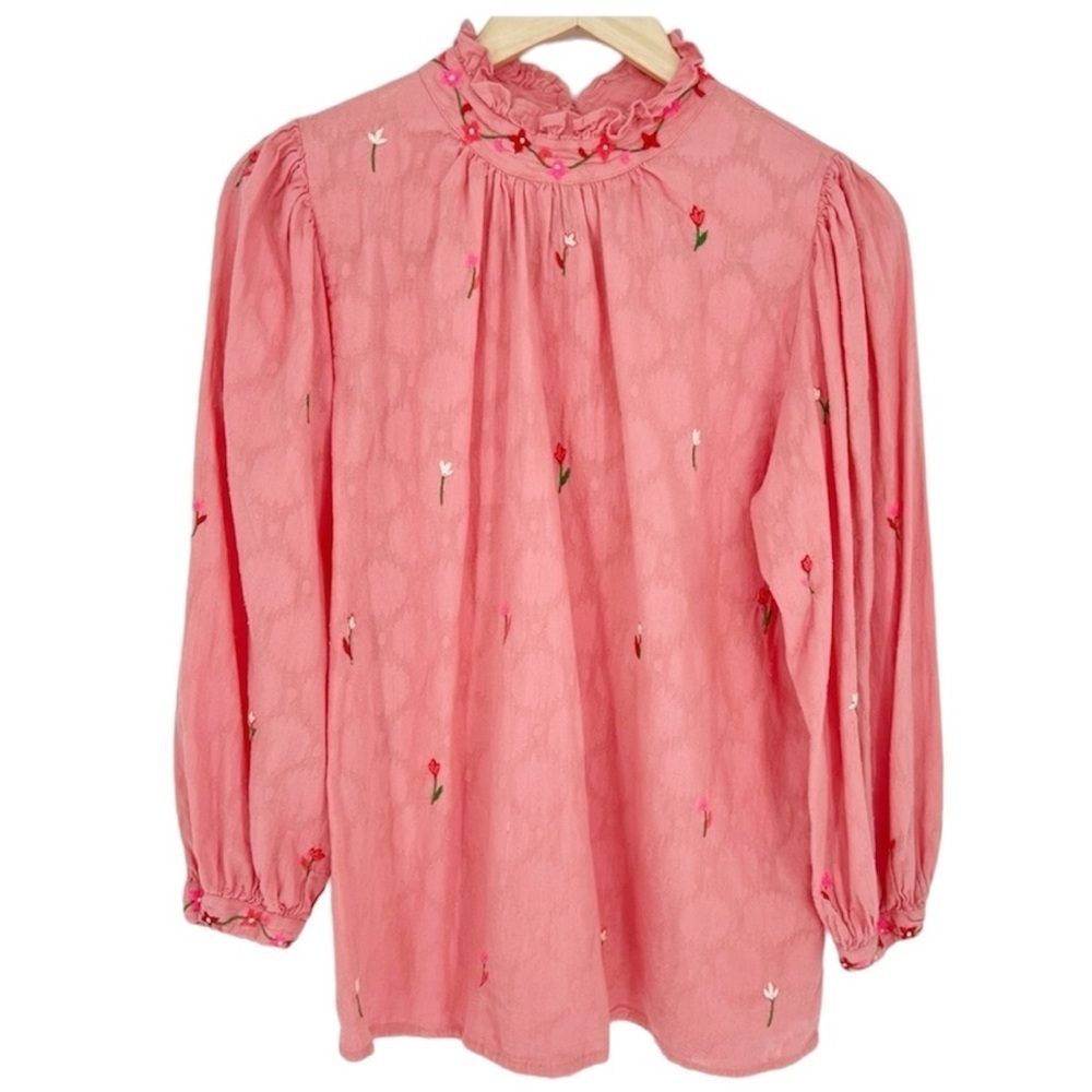 Banjanan Women's Pink Embroidered Floral Long Sleeve‎ Blouse Size Medium